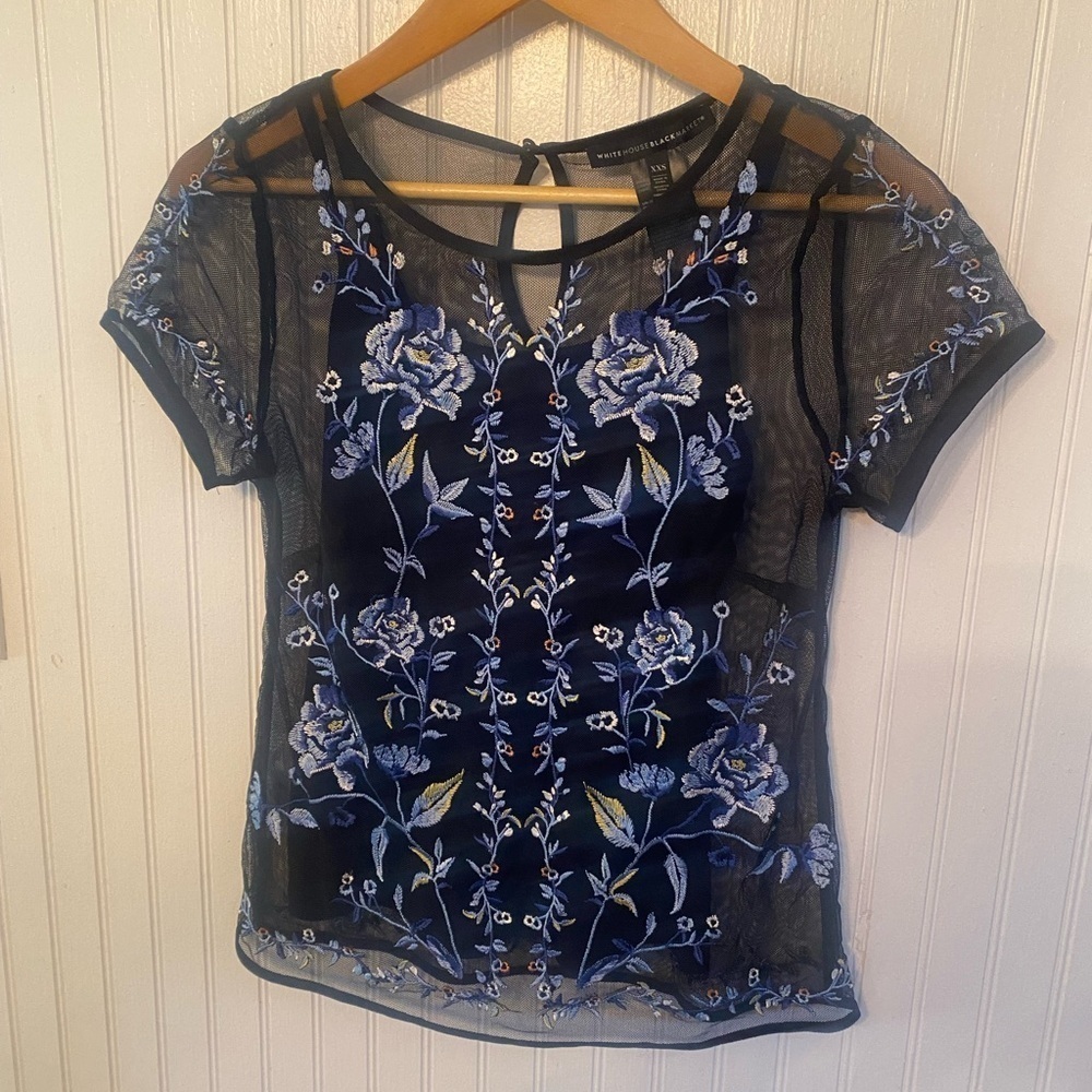 White House Black Market Sheer Embroidered Blouse XXS